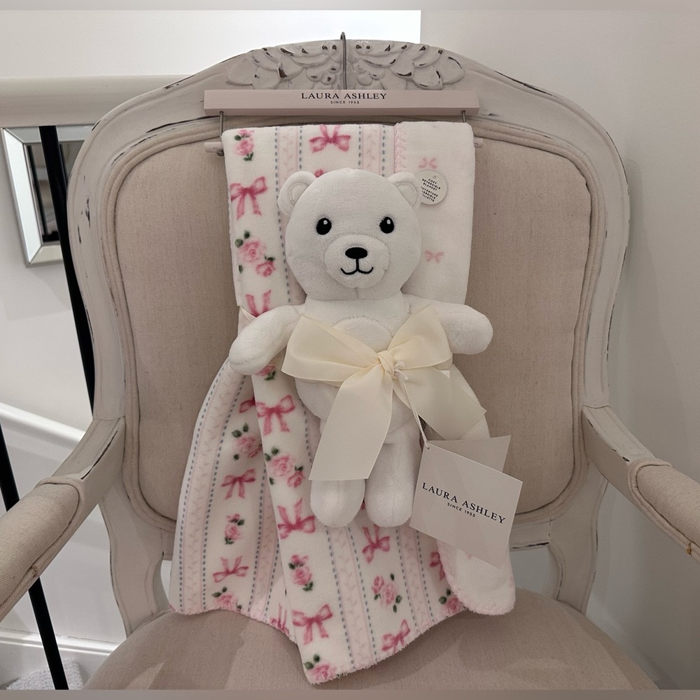 🎀 Laura Ashley Floral Roses Teddy Bear & Bows Toddler Blanket 2 Piece Set NWT